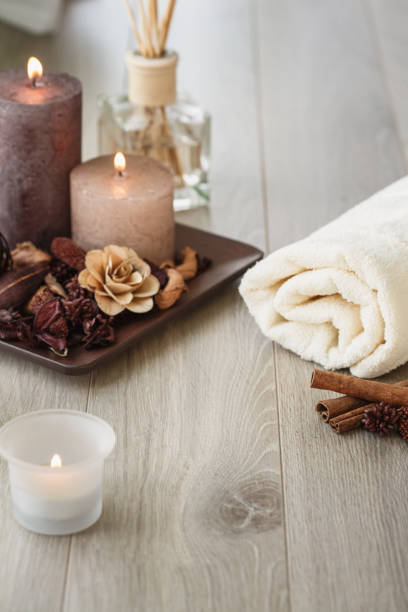 Copyspace of delicate arrangement of spa objects of a relaxing therapy to release physical and emotional tensions.