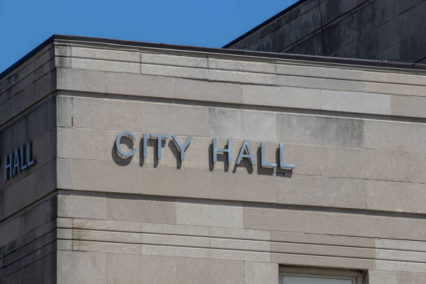 istock City Hall in silver text set against limestone bricks. 1224585471