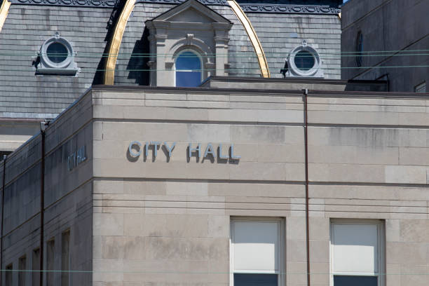istock City Hall in silver text set against limestone bricks. 1224585534
