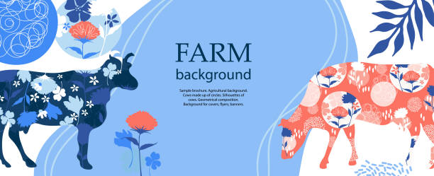 istock Horizontal agricultural background. Silhouettes of cows and flowers. 1224589012