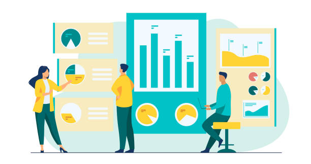 Office workers analyzing and researching business data Office workers analyzing and researching business data vector illustration. Marketing analysts developing strategy. Business people studying infographics and diagrams on dashboard computer presentation stock illustrations