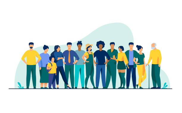 Diverse crowd of people of different ages and races Diverse crowd of people of different ages and races. Multiracial community members standing together. Vector illustration for civil society, diversity, multinational public concept connection clipart stock illustrations
