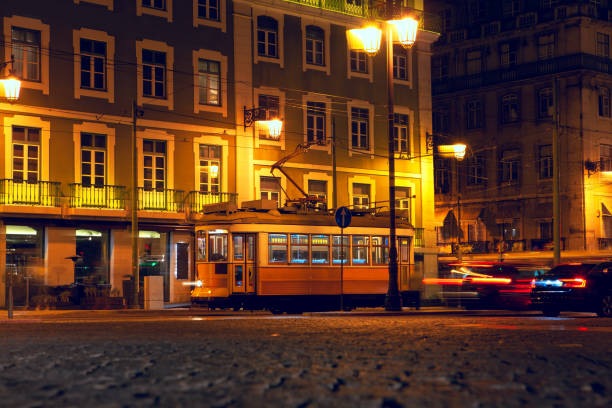 famous yellow tram at illuminated street in Lisbon