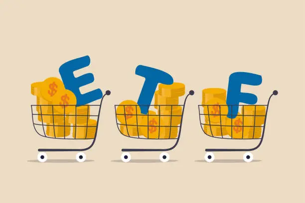 Vector illustration of ETF, Exchange Traded Funds realtime mutual funds that tracking investment index trading in stock market concept, shopping carts or trolley full of Dollar money coins with alphabet combine the word ETF