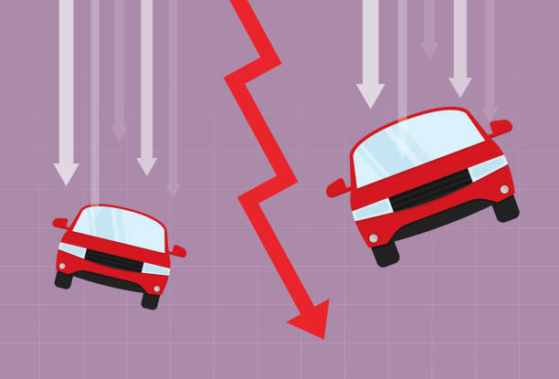 stockillustraties, clipart, cartoons en iconen met auto en rode pijl die neer gaan - autodealer
