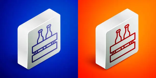 Vector illustration of Isometric line Pack of beer bottles icon isolated on blue and orange background. Wooden box and beer bottles. Case crate beer box sign. Silver square button. Vector Illustration