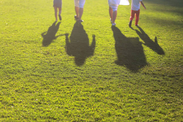 famille de quatre ombres dans le parc - shadow focus on shadow women sunset photos et images de collection