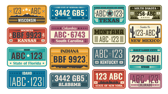 USA license plate set. Retro plastic or metal badges designed according to state, car numbers samples. Vector illustration for American automobile, travel, vehicle registration concept