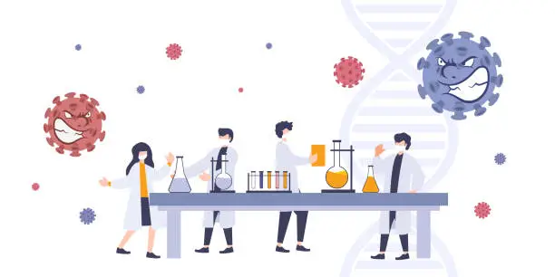 Vector illustration of 2019-nCOV coronavirus group research. Scientist searching for antivirus and medication. Figure of teamwork of man and women looking for vaccine antibody to fight viruses with chemical experiment.