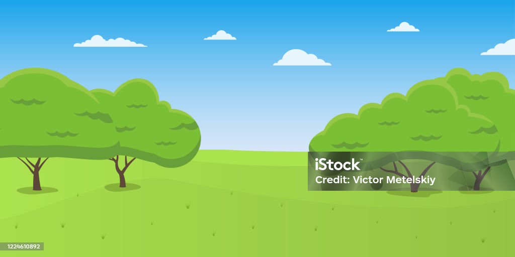 Nature Landscape Cartoon Park Background With Green Grass Trees And Blue  Sky Vector Illustration Stock Illustration - Download Image Now - iStock
