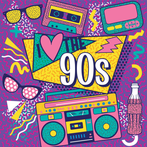 ilustrações, clipart, desenhos animados e ícones de um retrô colorido eu amo o design de pôster dos anos 90 - personal cassette player