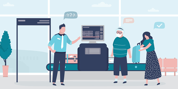 Airport security. X-ray luggage scanner, safety frame. Checking baggage inside airport. Public transport safety concept. Staff and various passengers. Trendy style vector illustration