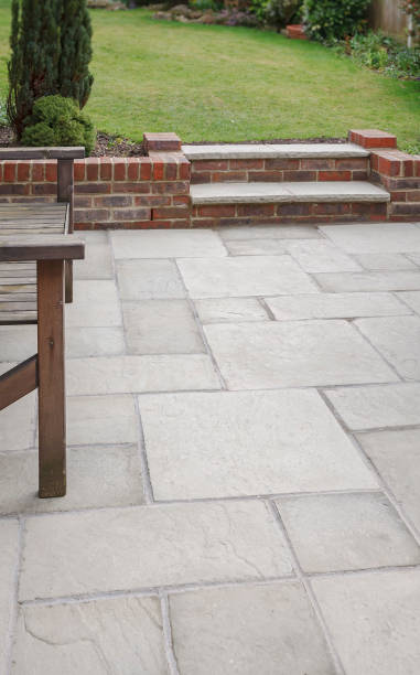 istock New backyard outdoor patio, hard landscaping, UK 1224614701