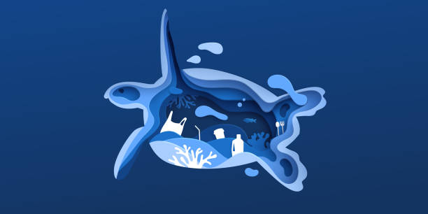 istock Paper cut turtle with plastic rubbish, fish, bubbles and coral reefs. Paper art tortoise. Ocean plastic pollution concept. Eco problem poster. Vector illustration 1224615066