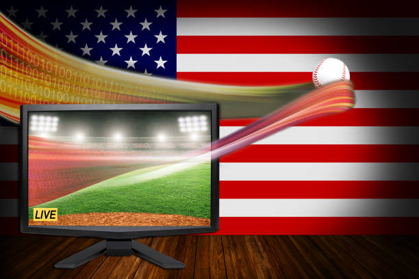 American baseball sports Live concept with TV monitor illustrating latest VR streaming technology and realistic HD ball in flight.