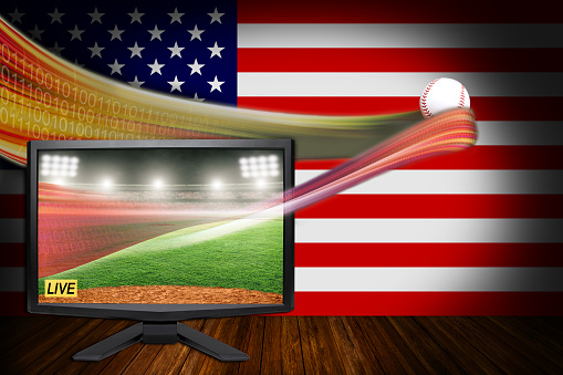 American baseball sports Live concept with TV monitor illustrating latest VR streaming technology and realistic HD ball in flight.