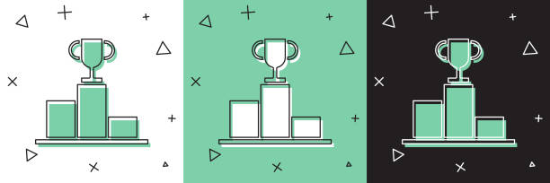 흰색과 녹색, 검은 색 배경에 고립 된 스포츠 우승자 연단 아이콘 위에 하키를 설정합니다. 벡터 일러스트레이션 - 메달 수상대 stock illustrations