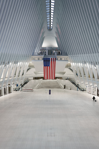 Lower Manhattan - April 9, 2020. The Oculus sits nearly empty. During the Covid-19 shutdown of NYC, major transportation hubs like this were nearly empty during peak commuter hours.