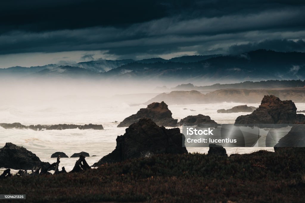 Pacific coastline after storm, Fort Bragg, California USA Pacific coastline of California USA, near Glass Beach north of Fort Bragg. Atmospheric Mood Stock Photo