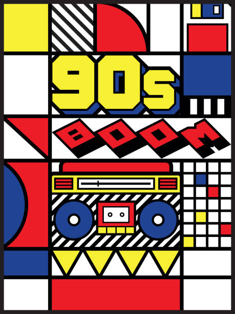 illustrazioni stock, clip art, cartoni animati e icone di tendenza di un colorato design poster a braccio retrò anni '90 con scatola a braccio e audiocassetta su uno sfondo geometrico vivido - 1980s style funky 1990s style boom box