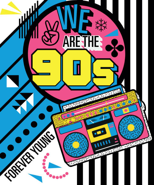 illustrazioni stock, clip art, cartoni animati e icone di tendenza di un colorato retrò siamo il poster design anni '90 con scatola a braccio su uno sfondo geometrico vivido - 1980s style funky 1990s style boom box