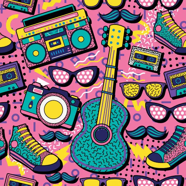 Vector illustration of A colourful retro poster design with a boom box, guitar, camera, trainers and sunglasses on a vivid geometric background,  design, vector illustration