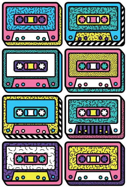 Vector illustration of A colourful retro audio cassette design  design, vector illustration