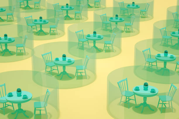 3D Rendering of Minimal Retro Design Coffee Shop, Restaurant, Dining Room Self Isolation, Social Distance Concept.