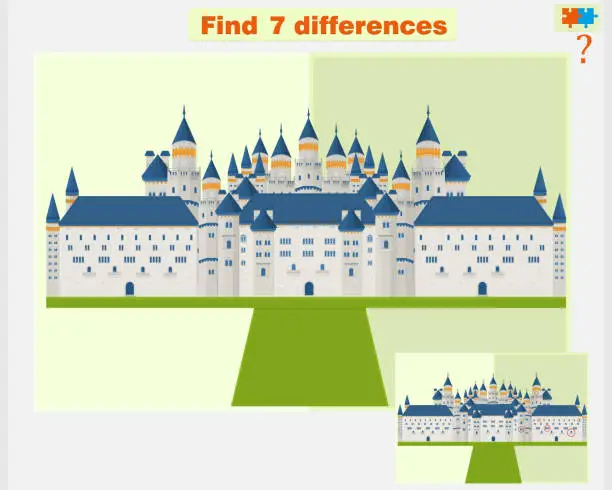 Vector illustration of Find the difference in a children's game on the theme of medieval castles