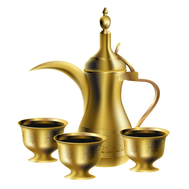 istock Golden realistic vector 3D arabic coffee pot dallah and three cups of bitter coffee Khaleeji isolated on white background 1224625211