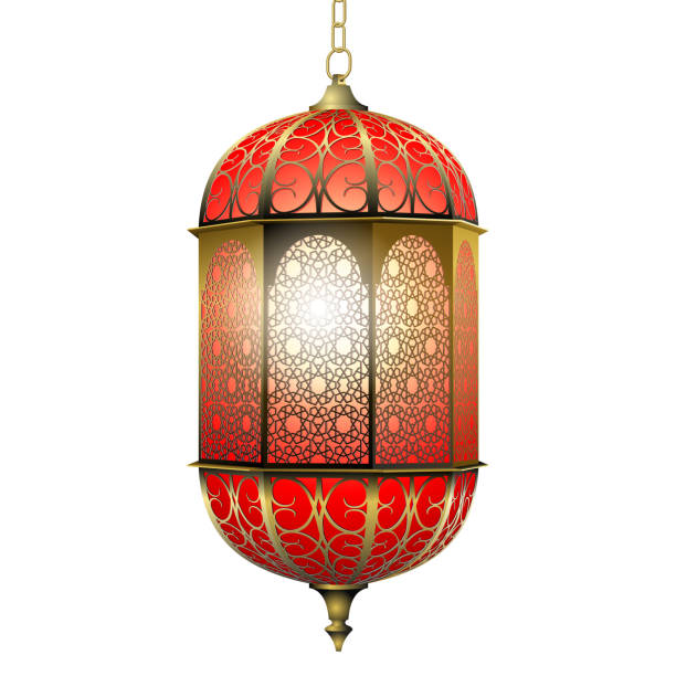 istock Realistic vector 3D traditional burning arabic hanging golden lantern with oriental ornament on chain isolated on white background 1224625331