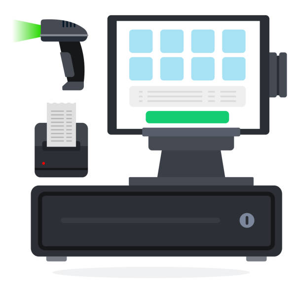 POS system flat icon vector isolated Cash register equipment flat single icon vector isolated on white point of sale stock illustrations