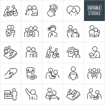 A set of hospice icons that include editable strokes or outlines using the EPS vector file. The icons include patients and health care workers in different situations. They include a person visiting an elderly family member who is constrained to a wheelchair, a person with arm around an elderly person in wheelchair, two hands touching, a sad person, two people hugging, family holding a heart, cancer patient, doctor with hand on shoulder of patient, person consoling a sad patient, two friends or family visiting a sick patient in bed, person pushing another person in wheelchair, home health care worker, health care professional doing a checkup, prescription medication, doctor checking heart of patient with stethoscope, health care team, nursing home, person visiting the casket of a friend or loved on at a funeral, priest or other religious leader, patient getting blood pressure checked and other related icons.