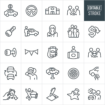 A set of auto sales icons that include editable strokes or outlines using the EPS vector file. The icons include a car for sale with a price, steering wheel, auto dealership, car salesman shaking hands with a customer, car key, car salesman pointing to new car, female car salesman, family, lower cost, banner, car search online using smartphone, car dealership front desk clerk, car trade in, car search, auto repair, car tire, money down, excited customer, sales contract, and a car salesman using a bullhorn to name a few.