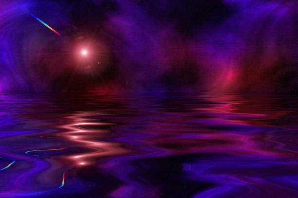 istock Abstraction, water surface goes into the wasteland of outer space. Drawing. 1224628024