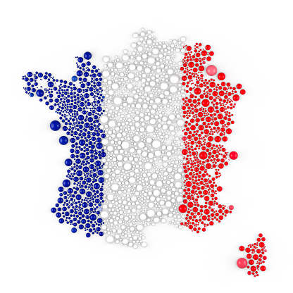 Multicolored raster abstract composition of France Map constructed of spheres items. France Map and flag 3D rendering illustration.