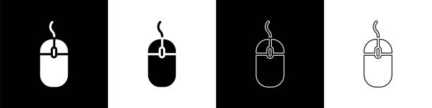 illustrations, cliparts, dessins animés et icônes de définir l’icône de souris d’ordinateur isolée sur le fond noir et blanc. optique avec le symbole de roue. illustration vectorielle - souris dordinateur