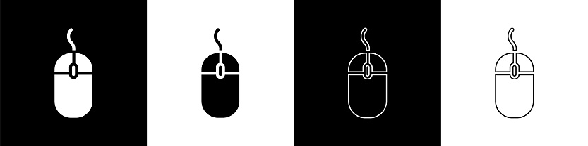 Set Computer mouse icon isolated on black and white background. Optical with wheel symbol. Vector Illustration