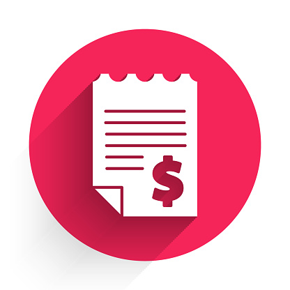 White Paper or financial check icon isolated with long shadow. Paper print check, shop receipt or bill. Red circle button. Vector Illustration