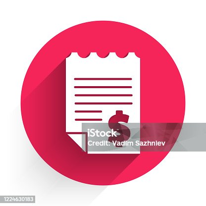 istock White Paper or financial check icon isolated with long shadow. Paper print check, shop receipt or bill. Red circle button. Vector Illustration 1224630183