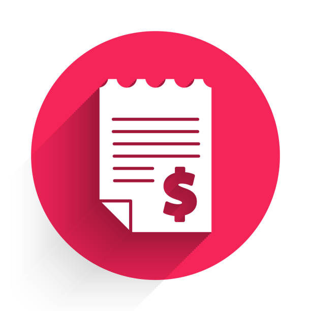 White Paper or financial check icon isolated with long shadow. Paper print check, shop receipt or bill. Red circle button. Vector Illustration White Paper or financial check icon isolated with long shadow. Paper print check, shop receipt or bill. Red circle button. Vector Illustration receipt stock illustrations