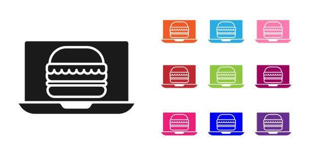 黒オンライン注文とハンバーガー配達アイコンは、白い背景に隔離されています。カラフルなアイコンを設定します。ベクトルの図 - white food and drink industry hamburger cheeseburger点のイラスト素材／クリップアート素材／マンガ素材／アイコン素材