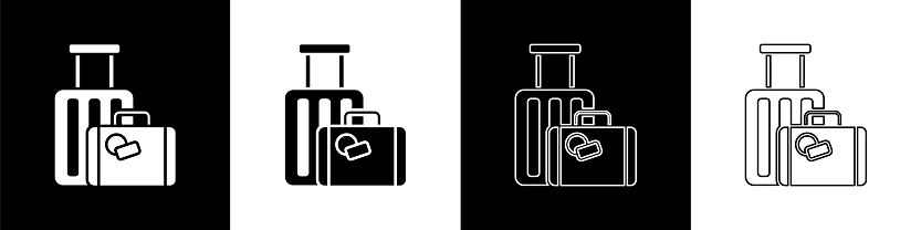 Set Suitcase for travel icon isolated on black and white background. Traveling baggage sign. Travel luggage icon. Vector Illustration