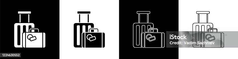 istock Set Suitcase for travel icon isolated on black and white background. Traveling baggage sign. Travel luggage icon. Vector Illustration 1224630552