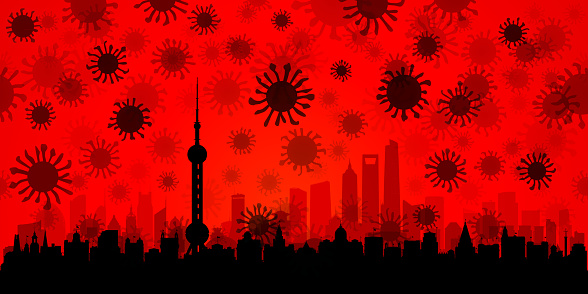 Coronavirus in Shanghai skyline. All buildings are complete and moveable.