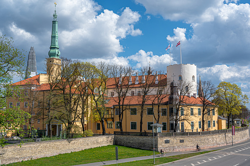 View of Riga Castle during sunny spring day in Riga, Latvia