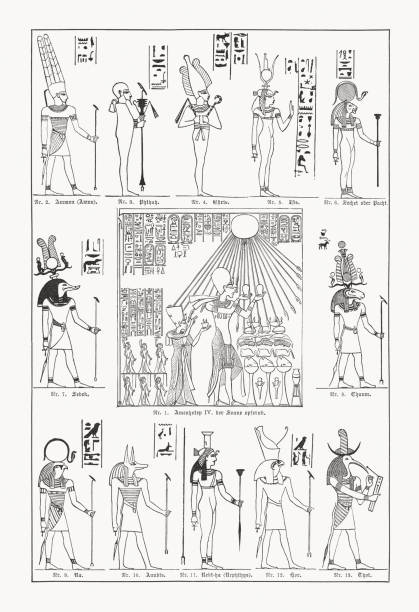 egipskie bogowie i boginie, ryciny z drewna, opublikowane w 1893 roku - hieroglyphics egypt egyptian culture nefertiti stock illustrations