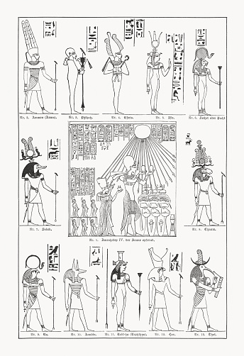 Egyptian gods and goddesses: 1) Akhenaten (Amenophis IV) sacrifices the god Aton. Behind him his wife Nefertiti and princesses; 2) Amun; 3) Ptah; 4) Osiris; 5) Isis; 6) Sekhmet; 7) Sobek; 8) Khnum; 9) Ra; 10) Anubis; 11) Nephthys; 12) Horus; 13) Thot. Wood engravings, published in 1893.