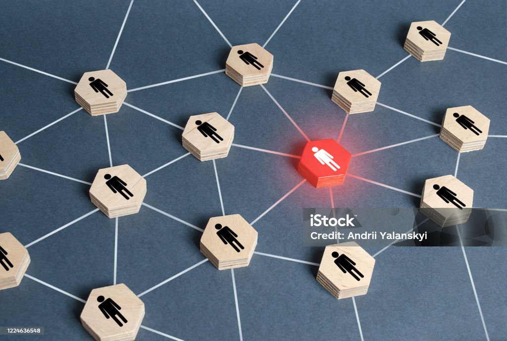 Red human figure in a network. Leader and leadership skills. Teamwork of a talented professional worker. Weak link, toxic worker. Security threat. Cooperation, collaboration. Spy. Employee replacement Skill Stock Photo