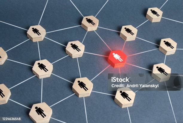 Red Human Figure In A Network Leader And Leadership Skills Teamwork Of A Talented Professional Worker Weak Link Toxic Worker Security Threat Cooperation Collaboration Spy Employee Replacement Stock Photo - Download Image Now